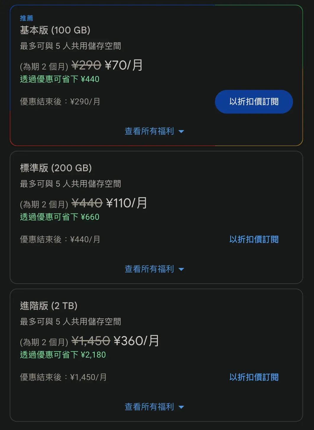 Google One 日本價格